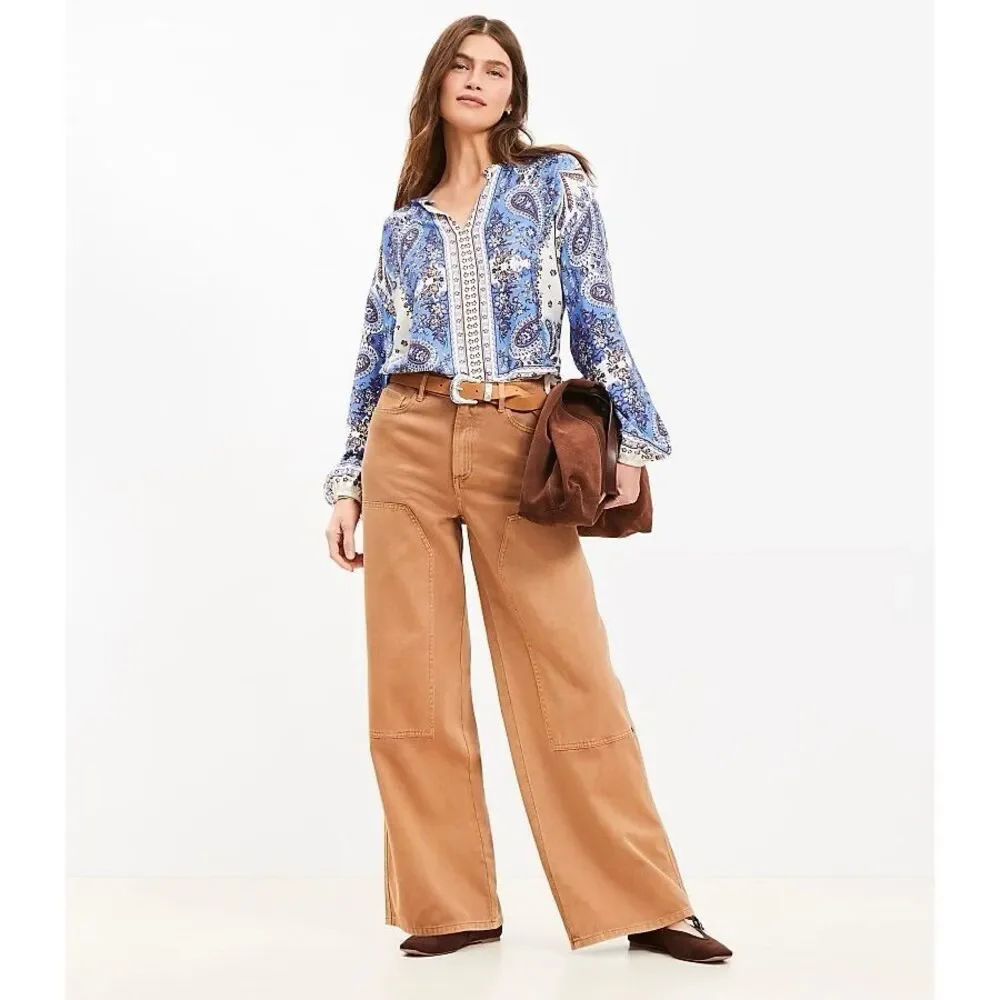 Loft Wide Leg Carpenter Pants Khaki Utility Jeans High Rise Boho Grunge Size 16